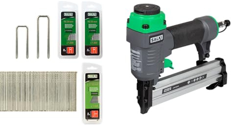 SALKI | Pack Clavadora/Grapadora CSK BG90 + 3000 Grapas: Grapa 90-30mm + Brad AX 30mm y 40mm | Pistola de clavos neumática y Grapadora Neumática | Perfecta para Carpintería, Ebanistería y Bricolaje