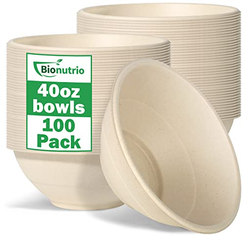 40oz Large Compostable Sugarcane Bowls - 100 Pack, Heavy Duty & Microwavable Safe, Biodegradable Paper Bowls for Hot Soup, Salad, Snacks