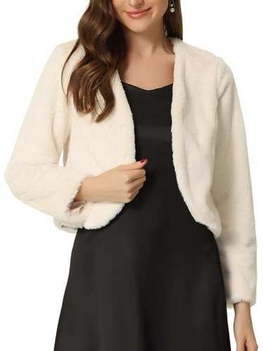 Allegra K Giacca corta da donna in finta pelliccia, a maniche lunghe, con apertura frontale, bolero invernale, Beige, M