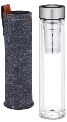 Relaxdays Gourde à thé, 500 ML, Filtre, Double paroi, Compatible Lave-Vaisselle, Housse, Verre, Transparent - Gris