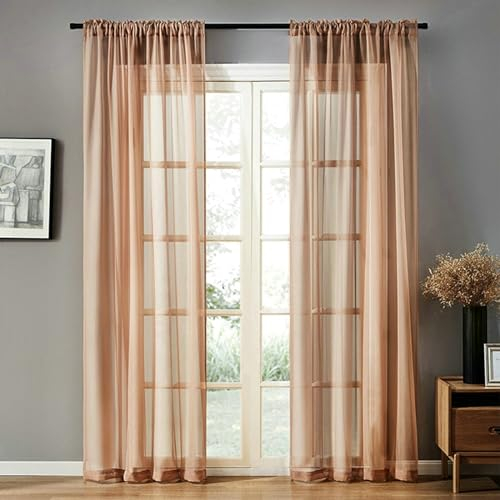 Bishilin Vorhänge Halbtransparent 2er Set 102x138CM, Vorhänge Stangendurchzug Braun Nordisch Einfarbig Polyester Gardinen Lichtdurchlässig Wohnzimmer Küche