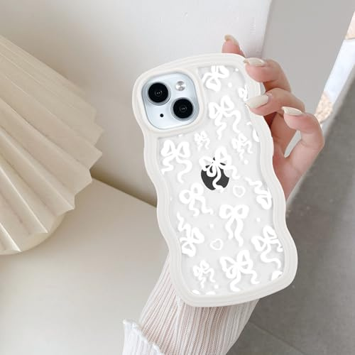 QLTYPRI für iPhone 13 Hülle, für iPhone 14 Transparent Handyhülle Aesthetic Curly Case mit Schleife Frauen Mädchen Süßes Wellen Design Silikon TPU Bumper Schutzhülle - Weiß/Weiß