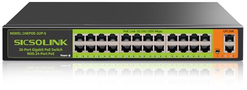 SICSOLINK Switch PoE+ 24 Ports Gigabit, 400W, 2 uplinks, Non géré, Silencieux, Rack 19, pour caméras PoE, APs, PC.