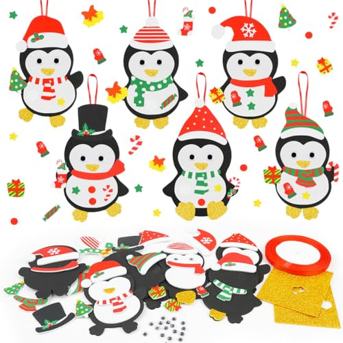 Meleager Lavoretti di Natale per Bambini, 12 Pezzi Ciondoli Natalizi Pinguini, Kit Decorazioni Natalizie fai da te, Gadget Creativi di Natale come Regali per Bambini, Addobbi per Albero di Natale