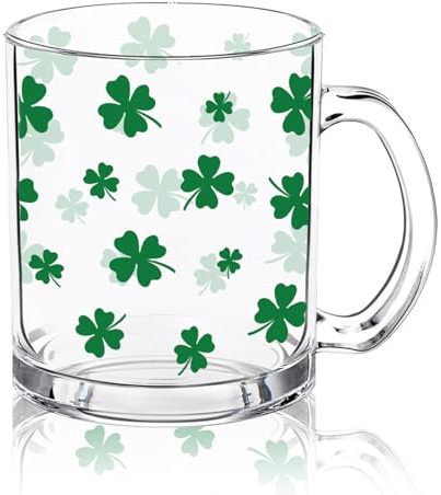 FYSUIMU St. Patrick's Day Glass Coffee Mugs with Handle Green Shamrock Coffee Cups Lucky Four-Leaf Clover Beverage Mugs for Hot Cold Drinks Spring Irish Holiday