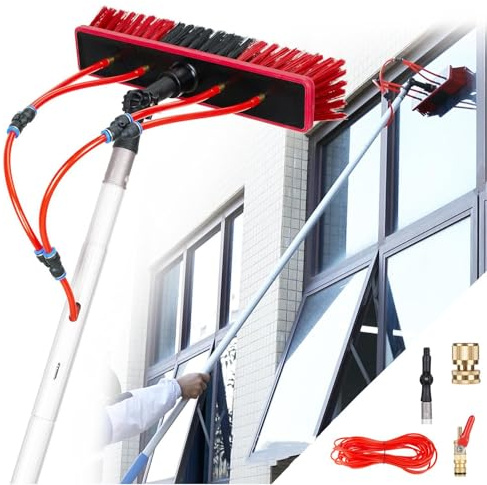 Teleskop Waschbürste mit Wasserdurchlauf, Schrubberbürste mit Verlängerung Ausziehbare Reinigungsbürste für Außenwände Autos & Fenster +Reinigung von Photovoltaikanlagen,5M/35cm Brush Head