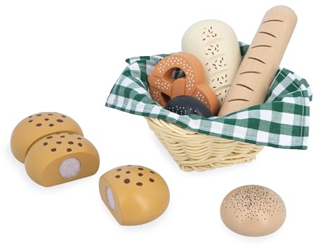 Janod - Holz Bäckereikorb - Viennoiseries Korb - 6 Realistische Dinette Zubehör - Ideale Ergänzung zur Kinderküche - Fördert die Vorstellungskraft - Ab 3 Jahre - J06645