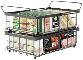 UMDONX 2er Gefriertruhe Körbe Schwarz - Griff Stapelbar GefrierköRbe für 283 bis 566L TiefküHltruhe,Gefrorene Zutaten organisieren, Ausziehbare Länge(29-45x30x15cm)