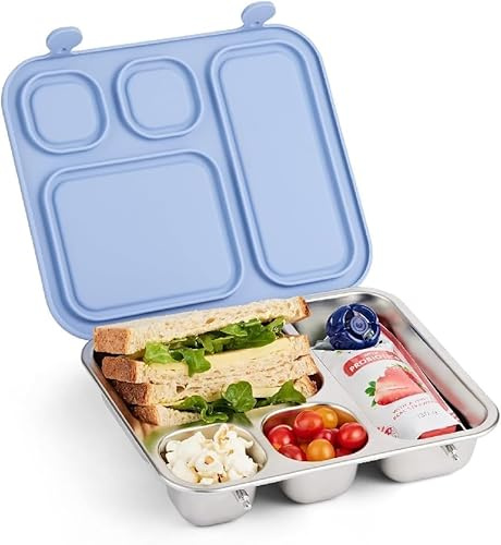 Elk and Friends Kids Stainless Steel Bento Box with Silicone Lid | Leak-proof | Toddler Lunch Container | 4 Compartments | Dishwasher Safe