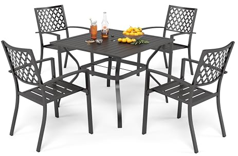 PHI VILLA 5 Teiliges Gartenmöbel Set für den Außenbereich, Quadratischer 94cm-Metalllatten Gartentisch mit 4 cm Schirmloch und 4 Metallstühlen für Terrasse, Bistro, Balkon
