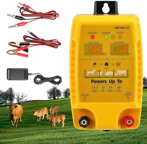 Trsaow 12V Electric Fence Energiser 1.5-3J Output 12 KV Peak, 7.5Miles Range Dual Digital Display Electric Fence Charger Powered by 12V Battery/ AC/ Solar Power Weatherproof Kit