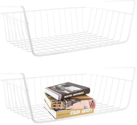 ASelected 2 Stück Unterregal Aufbewahrungskorb, Hängekorb Regal Weiß, Unterschrank Hängekorb Metall für Küche, Speisekammer, Schreibtisch, Bücherregal, 37x24x11cm