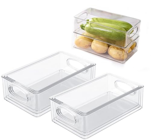 Quorlis Fridge Organisers - 6 Pack Stackable Fridge Storage Containers with Handles, 3 Sizes Clear Plastic Fridge Drawers for Pantry, Freezer, Cabinet, Bathroom, Kitchen Storage Bins