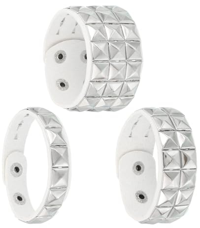 MECCANIXITY 3 Pcs Leather Punk Bracelet 8.7/22cm Square Rivets Goth Spike Studded Bracelet Adjustable Wristband Cuff Bangle for Halloween Party Favors Emo Grunge Accessories, White