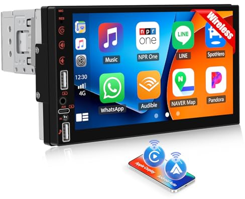 SIXTOP 1 DIN Radio Coche Bluetooth Carplay y Android Auto Inalámbrico, con Pantalla Coche de 7 Pulgadas con Bluetooth Mirror Link EQ Radio FM USB/TF/AUX y Control En El Volante