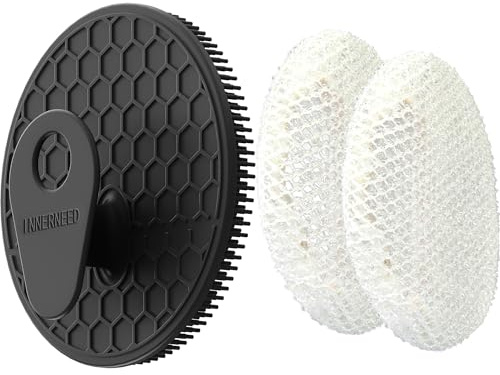 Accessoire de nettoyage corporel avec housse en filet exfoliant – Noir | Brosse de douche exfoliante et massante INNERNEED (picots souples en silicone) avec filet de bain exfoliant africain