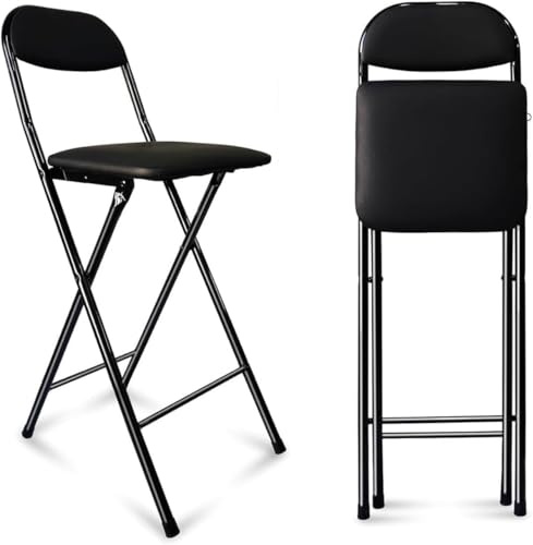 Sgabello da bar pieghevole con schienale e poggiapiedi, sedia imbottita alta 65 cm, per cucina, ufficio, dormitorio, compatto, confortevole ed elegante, design nero