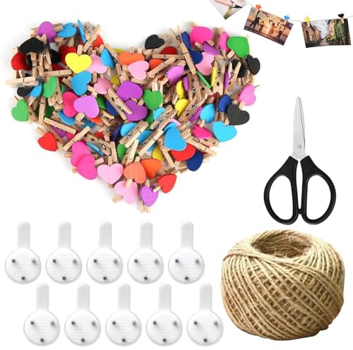 150 Stück Holz Wäscheklammern Herzform - Kleine Klammern für Fotos Aufhängen, Bunte Mini Holz Wäscheklammern mit 30m Juteschnur, 10 Seamless Nails und 1 Schere, Ideal für Dekoration und DIY Basteln