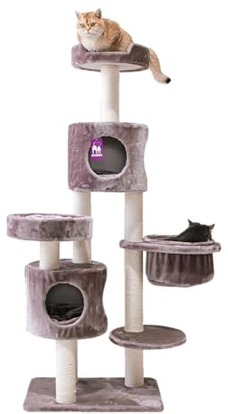 Petrebels Kratzbaum Residence 165 cm hoch, mit Hängematte und Schlafhöhlen, Für kleine und mittelgroße Katzen, Farbe Cappuccino