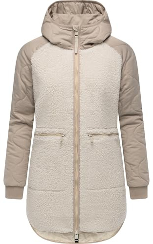 Ragwear Damen Teddyfleece Kurzmantel warmer Plüschmantel mit Kapuze Longeddy YOUMODO Ecru025 Gr. S