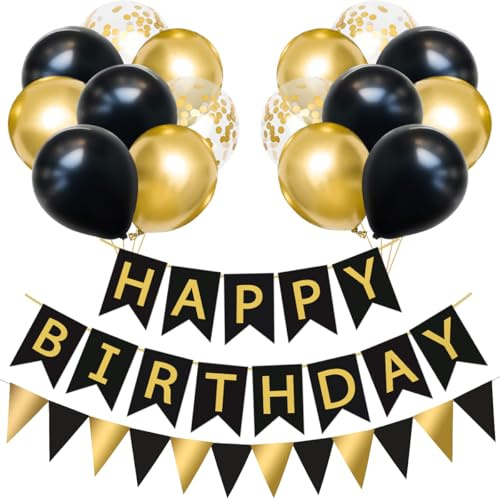 Decoración Fiesta Cumpleaños Negro y Dorado, 16 Globos Negro, Dorado Metálico y Confeti Dorado con Banner Feliz Cumpleaños y Guirnalda Cumpleaños, Happy Birthday Decoración para Hombres y Mujeres