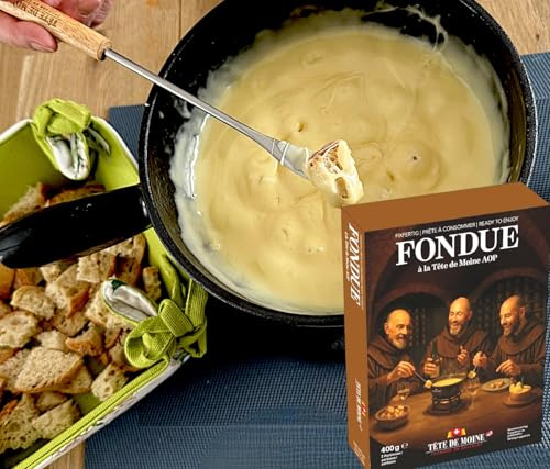 Neuheit: schweizer Käsefondue 400g Original aus Tete de Moine mit schweizer Weißwein aus dem Jura von Spielhofer
