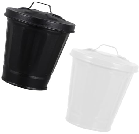 HOMSFOU Set 2 Pezzi Mini Cestini da Tavolo in Ferro Coperchio, Contenitori per Rifiuti Domestici Compatti e Decorativi, per Ufficio, Soggiorno e Camera da Letto