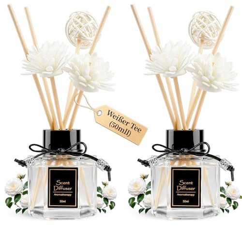 TonJin Raumduft Stäbchen 2er Set (2 x 50ml) – Reed Diffuser mit 6 Rattanstäbchen – Langanhaltender Lufterfrischer & Badezimmer Deko – Premium Raumduft für Wohnung, WC & Büro – Weißer Tee