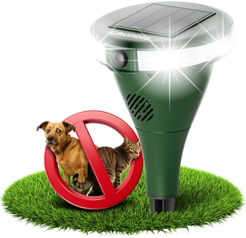 GRUNDIG perfekte Ultraschall Abwehr gegen Katzen und Hunde im Garten - 360 Grad Katzenschreck Hundeschreck Bewegungsmelder mit 8 Blitzlichtern, 2 Frequenzbändern, Solar, Akku, IP44 wasserdicht