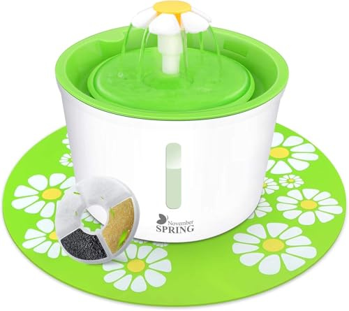 November Spring Pet Water Fountain with Level Window - Ultra Silent Cat Waterfall With Carbon Filter, 3 Modes Drinking System, Green