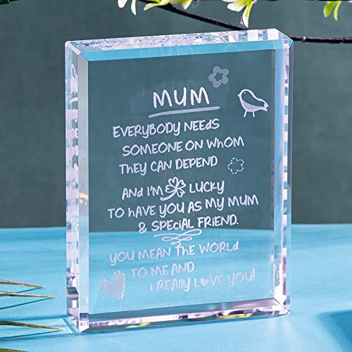 Movdyka Gift for Mum Birthday Engraved Crystal Blocks Mum I Love You Present Mothers Day MUM Gifts from Son Daughter (with Heart Pattern)