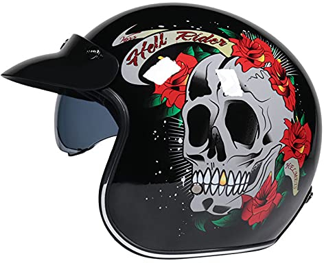 Retro Motorradhelm, 3/4 Open Face Motorradhelm, Motorrad Jethelm Mit Sonnenblende Für Herren Damen DOT/ECE Approved,Black skull,M