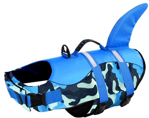 CITÉTOILE Schwimmweste Hund Hai, Hundeschwimmweste mit Griff, Blau, XS