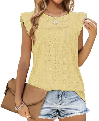 Aokosor Ladies Vest Tops for Women UK Summer Tank Tops Crew Neck Sleeveless Tops Ruffle Sleeve Ladies Tops Size 18-20 Yellow