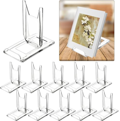 TERDEWE 10 Pack Acrylic Book Stand for Display Adjustable Clear Display Holder Easel Collector Stand for Home Office Back to School Comic Album CD Magazine Postcard Artworks (4.2 x 4.3 x 2.35 Inch)