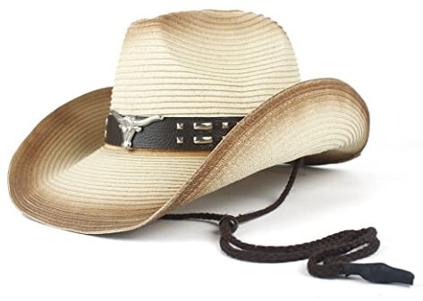 LIOONS 2023 Sommer Western Cowboyhut Herren Jazz Sommer Stroh Cowgirl Party Kleidung Crimp Westernhut Hut mit breiter Krempe Pompeji Cowboyhut (Farbe : Beige, Größe : 56-58)