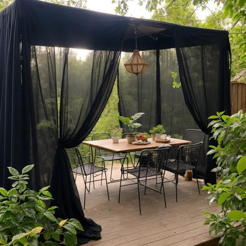 SK Studio Black Outdoor Sheer Curtains for Patio Waterproof 2 Panels Sheer Curtains Privacy Mesh Net Outside Curtains Rod Pocket for Gazebo, Porch, Pergola, 63W x 84L
