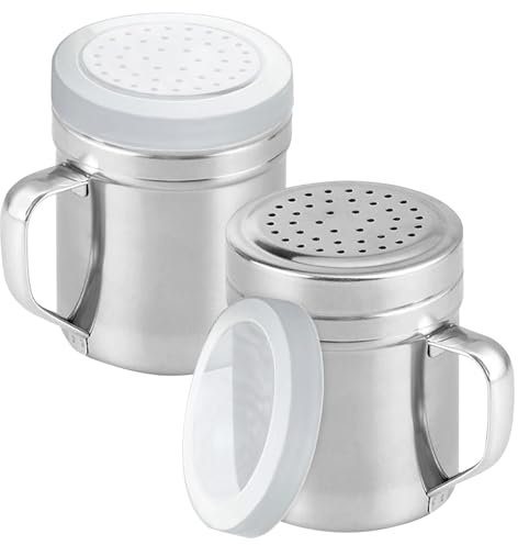 2Pcs Metal Salt Pepper Dredge Shakers, Stainless Steel Pepper Shaker Seasoning Jar With Handle, With Hole And Cover, Suitable For Pepper, Cinnamon And Coffee Spice Jars (Medium-10OZ)