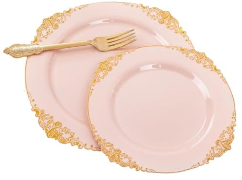 Confezione da 25 piatti rotondi in plastica da 7,5 pollici, 19 cm, rotondi, in plastica, da dessert o da 10,25 pollici, 26 cm, riutilizzabili, con foglia, bordo dorato in rilievo (oro rosa, 10,25