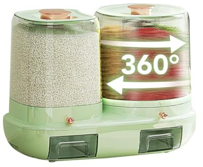 Suafif 360° Rotating Rice Dispenser 26lbs Grain Dispenser Double Barrel Airtight Storage Container 5-compartment Dry Food Dispenser for Kitchen, for Beans Peanut Barley and Millet Etc.,Green