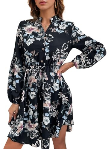 EMOTTOS Vestidos Casual para Mujer, Floral Faux Chiffon Botones Manga Larga A-Line Señoras Túnica Vestido, Largo Swing Arrugas Profundo Cuello V Cintura Rodilla Longitud Vestidos, Negro, S-L
