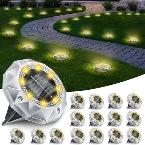 16 Pezzi Luci Solari da Giardino, 8 LED Faretti Sepolta Solari a Led da Esterno IP65 Impermeabile, Luci Solare Decorazione Lampade Solare da Terra per Cortile Prato Vialetto Paesaggio,Bianco Caldo
