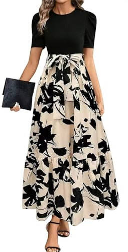 Sommerkleid Damen Lang Elegant Maxikleid Sommer Kurzarm Plissee Kleider Frauen Lässig Kleid A Linie Rüschen Patchwork Sommerkleider Leicht Und Luftig Party Strandkleid Hohe Taille Mit Gürtel