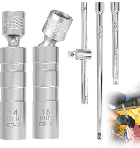 Spark Plug Socket Set, 2 Pcs 12-Point Universal Joint Magnetic Thin Wall Sparkplug Socket (14MM & 16MM), 2 Pcs 3/8 Drive Socke Extension Bars (150MM & 250MM), Spark Plug Wrench