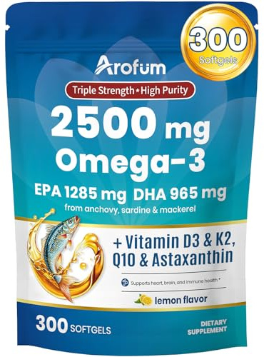 Arofum Omega 3 Fish Oil with Vitamin D3 K2 – 300 Lemon Flavored Burpless Softgels | Fish Oil Omega 3 Supplements Support Heart, Brain, Eyes & Immune Health | Gluten-Free, Non-GMO