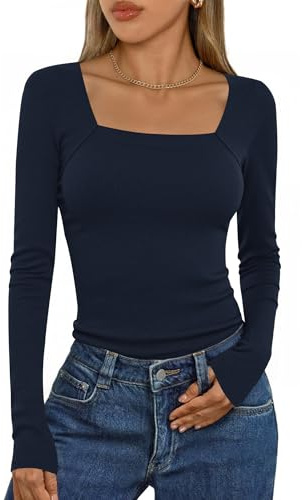 Aottori T-Shirt à Manches Longues Femme Col Carré Côtelé Chic élégant Slim Fit Haut Décontracté Tee Shirt Tunique Basic Top Tshirt Pull Marine M