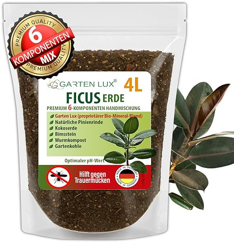 Garten Lux Ficus Terra 4L – 6 in 1 speciale senza torba – Anti-zanzare per Ficus Benjamina, Elastica, Lyrata, Pumila, Carica, Microcarpa, Alii, Benghalensis e altre