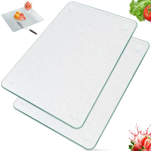 Juego de 2 Tablas de Cortar de Vidrio, Tabla de 30x20 cm con Pies de Silicona Antideslizantes, Diseñada para Proteger las Encimeras y Cortar Verduras