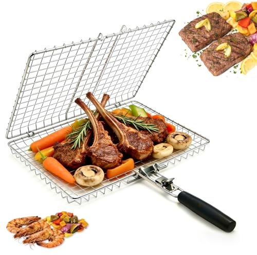 eupdd Grillkorb Edelstahl 1 Stück: 31×24×4cm Grillkorb Fischbräter Fisch, Mit Abnehmbarem Griff Für Fisch Gemüse Garnelen Steak, Tragbar Für Camping BBQ Garten