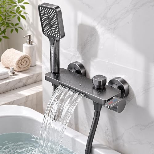 Bostar Badewannenarmatur mit Wasserfall, schwenkbar, um 30 °, Badezimmerarmatur, Weltraum-Aluminium, mit 3 Modi, ABS-Handbrause, 22 cm großes Ablage, 1,5 m Schlauch